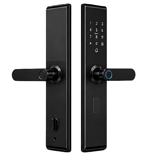 Front and rear views of the GTECHNO HomeTap GT-H1 Black smart door lock